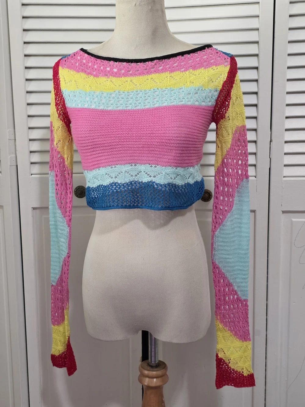 STAUD Multicolor Crochet Stripe Crop Top in Pink, Red, Yellow, Blue, Cream